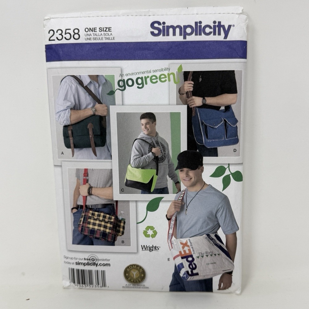 Simplicity 2358 Messenger Bags Pattern 5 Styles Go Green Tote Uncut FF